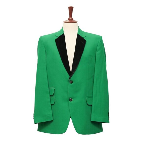Mens Blazer Green Wool Black Velvet Formal Tuxedo Jacket Wedding Sport Coat 44R - Picture 1 of 8